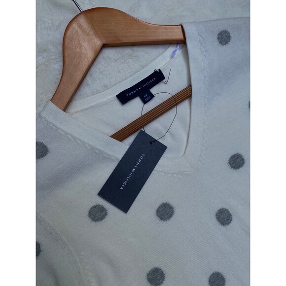 Tommy Hilfiger White grey Polka dots v neck sweater cotton Women's size S - Picture 7 of 12